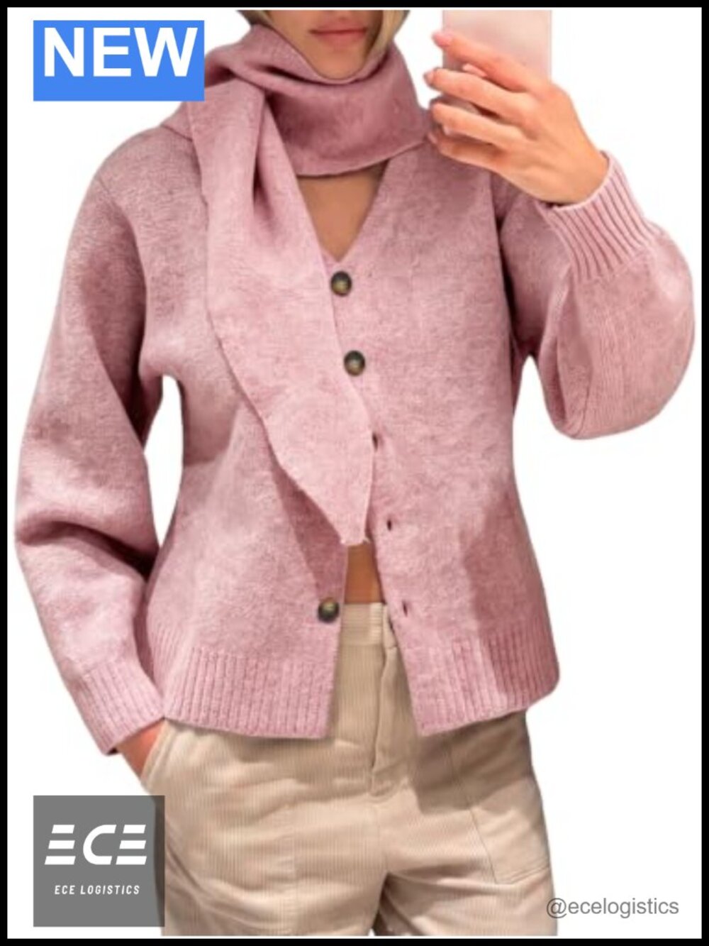 V Neck Knit Cardigan Sweater with Scarf for Women